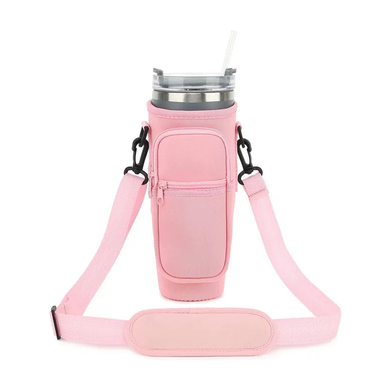 40oz Water Bottle Carrier Bag for Stanley Quencher Tumbler with Adjustable Strap & Pockets | Neoprene Sleeve Cup Holder Pouch ( Random Color )