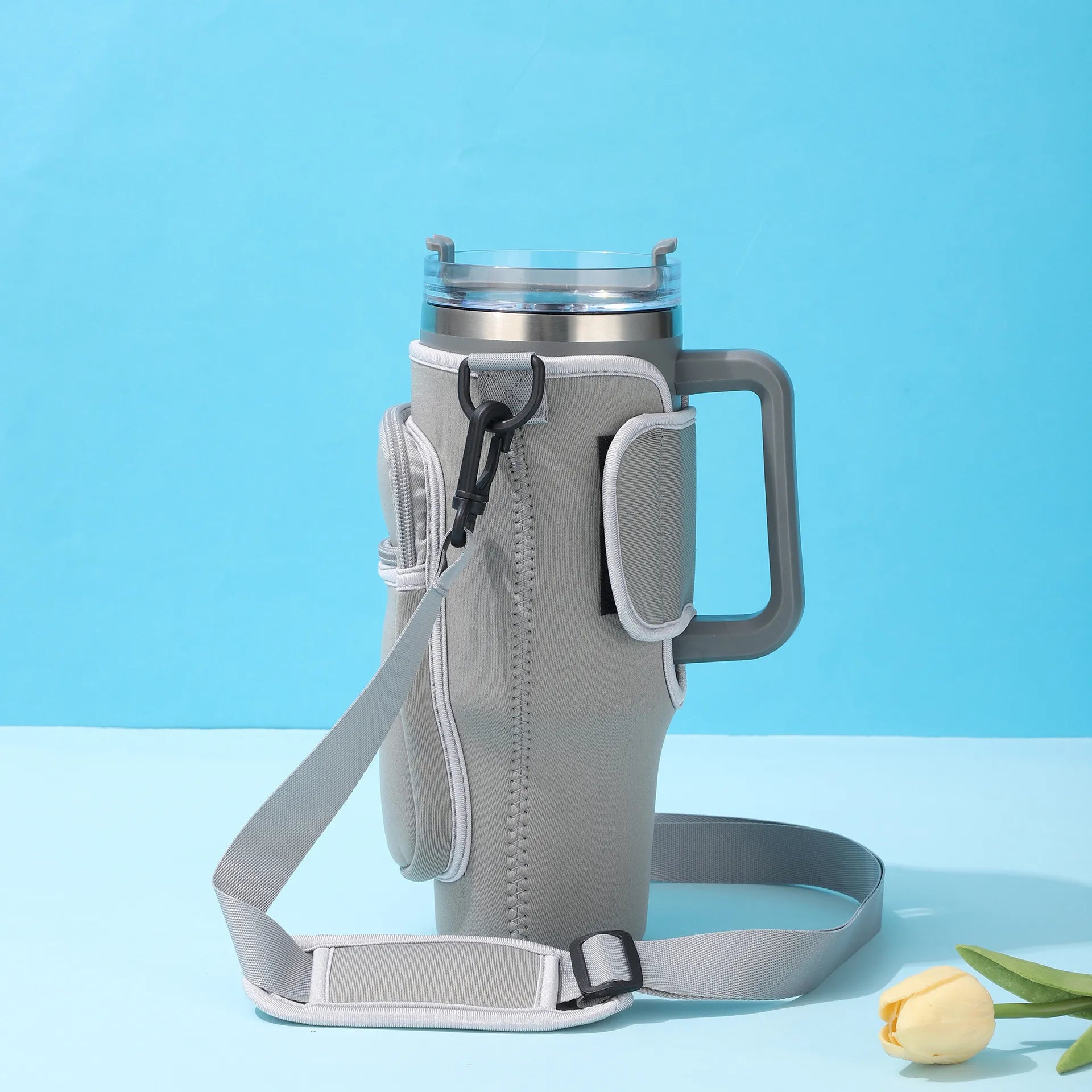 40oz Water Bottle Carrier Bag for Stanley Quencher Tumbler with Adjustable Strap & Pockets | Neoprene Sleeve Cup Holder Pouch ( Random Color )