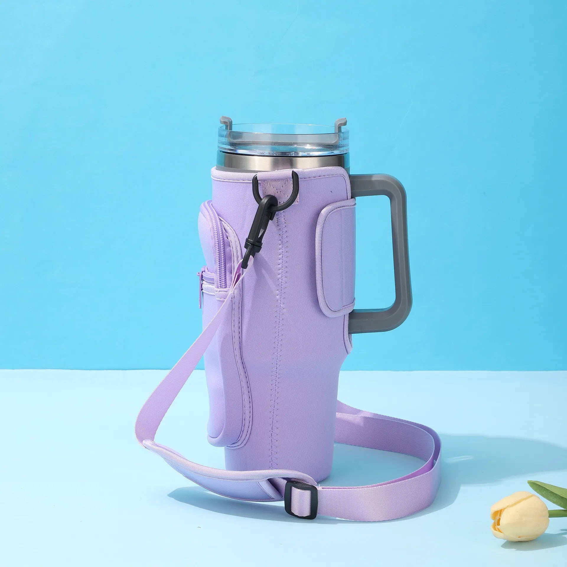 40oz Water Bottle Carrier Bag for Stanley Quencher Tumbler with Adjustable Strap & Pockets | Neoprene Sleeve Cup Holder Pouch ( Random Color )