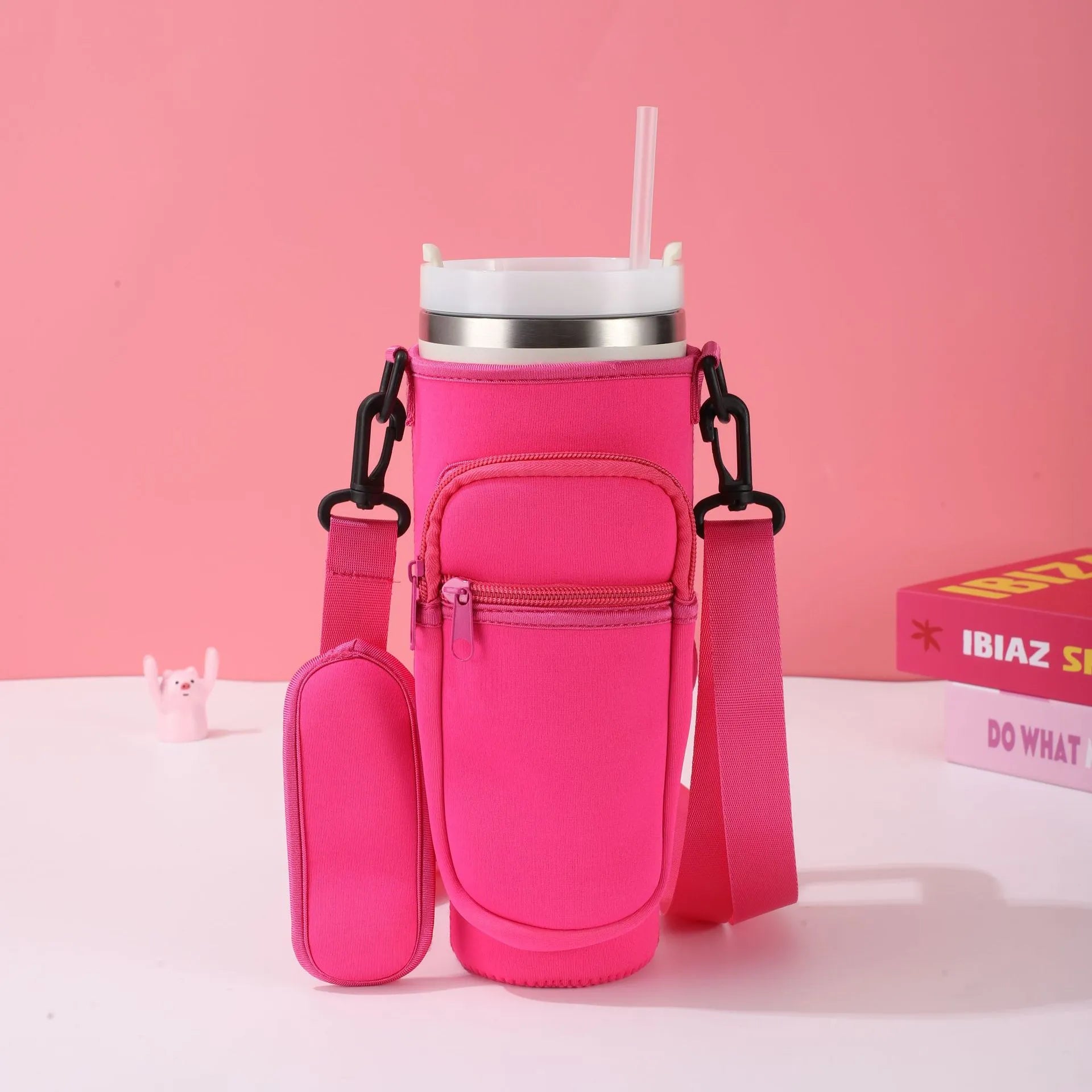 40oz Water Bottle Carrier Bag for Stanley Quencher Tumbler with Adjustable Strap & Pockets | Neoprene Sleeve Cup Holder Pouch ( Random Color )