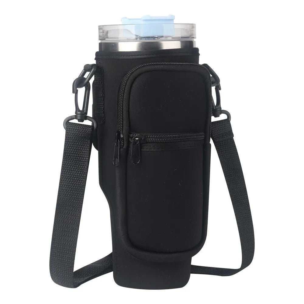 40oz Water Bottle Carrier Bag for Stanley Quencher Tumbler with Adjustable Strap & Pockets | Neoprene Sleeve Cup Holder Pouch ( Random Color )
