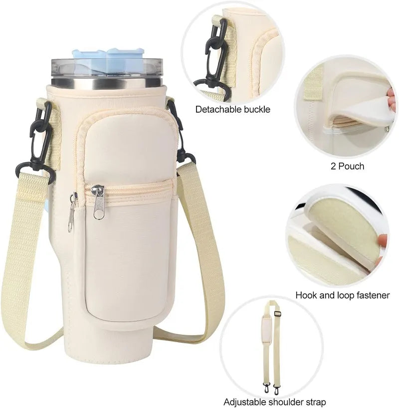 40oz Water Bottle Carrier Bag for Stanley Quencher Tumbler with Adjustable Strap & Pockets | Neoprene Sleeve Cup Holder Pouch ( Random Color )