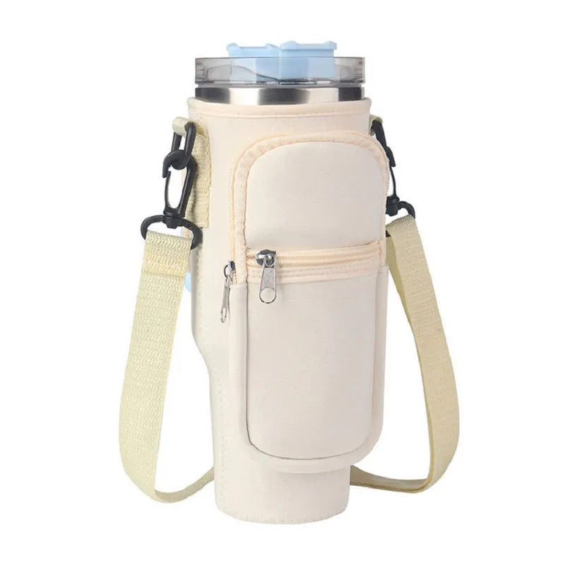 40oz Water Bottle Carrier Bag for Stanley Quencher Tumbler with Adjustable Strap & Pockets | Neoprene Sleeve Cup Holder Pouch ( Random Color )