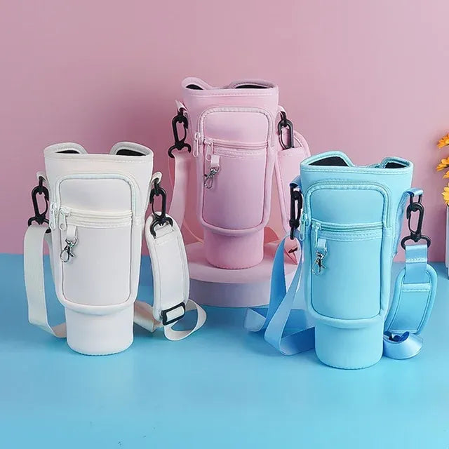 40oz Water Bottle Carrier Bag for Stanley Quencher Tumbler with Adjustable Strap & Pockets | Neoprene Sleeve Cup Holder Pouch ( Random Color )