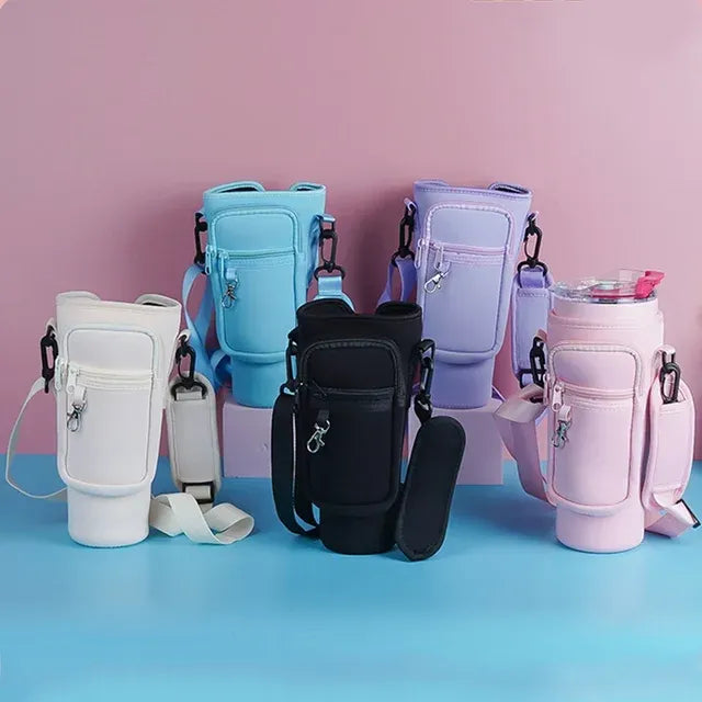 40oz Water Bottle Carrier Bag for Stanley Quencher Tumbler with Adjustable Strap & Pockets | Neoprene Sleeve Cup Holder Pouch ( Random Color )