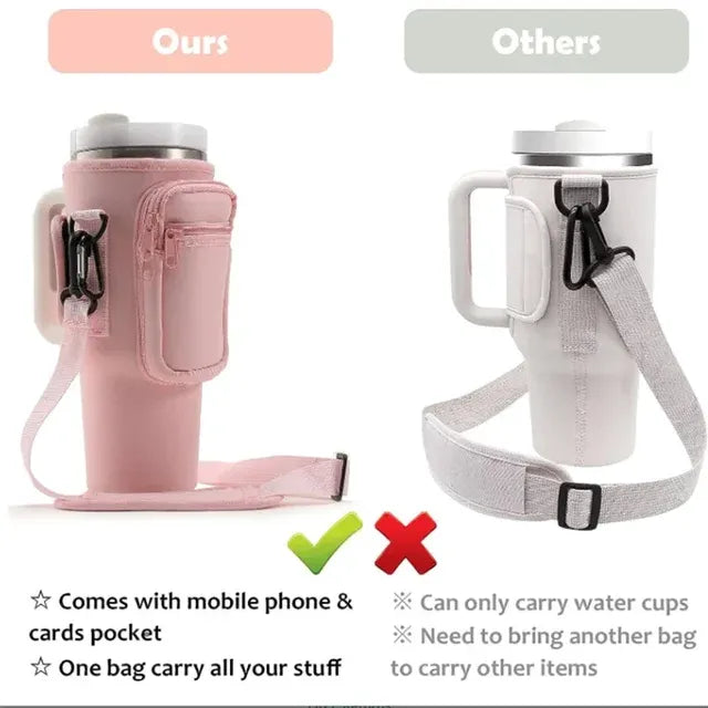 40oz Water Bottle Carrier Bag for Stanley Quencher Tumbler with Adjustable Strap & Pockets | Neoprene Sleeve Cup Holder Pouch ( Random Color )