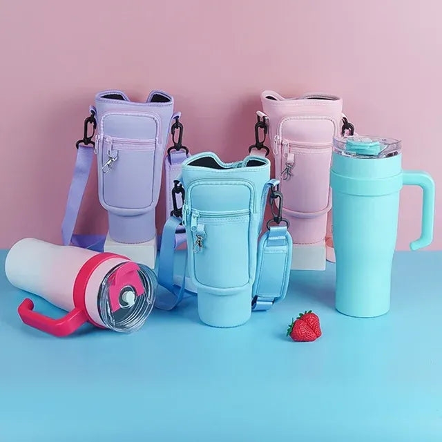 40oz Water Bottle Carrier Bag for Stanley Quencher Tumbler with Adjustable Strap & Pockets | Neoprene Sleeve Cup Holder Pouch ( Random Color )