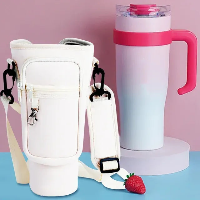 40oz Water Bottle Carrier Bag for Stanley Quencher Tumbler with Adjustable Strap & Pockets | Neoprene Sleeve Cup Holder Pouch ( Random Color )