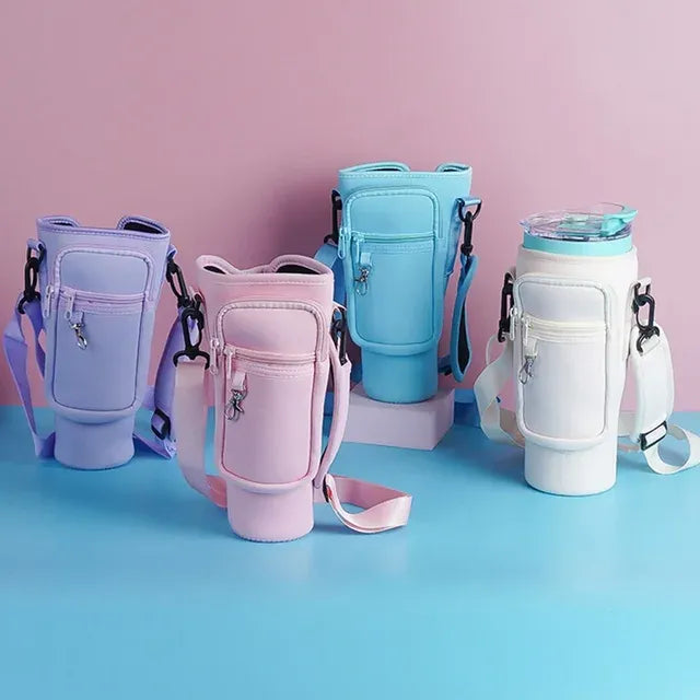 40oz Water Bottle Carrier Bag for Stanley Quencher Tumbler with Adjustable Strap & Pockets | Neoprene Sleeve Cup Holder Pouch ( Random Color )