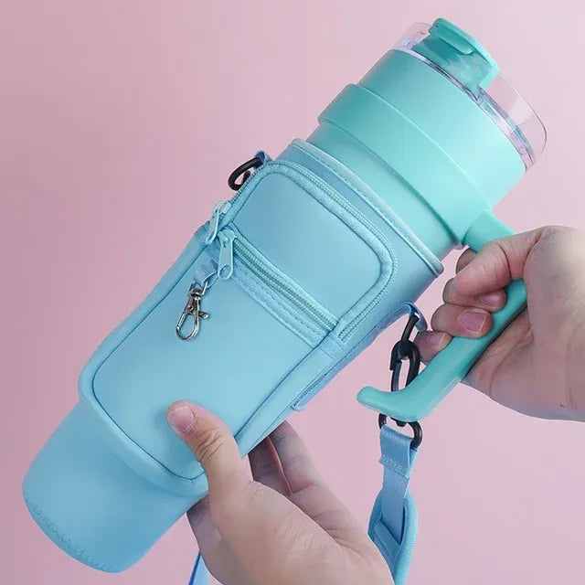 40oz Water Bottle Carrier Bag for Stanley Quencher Tumbler with Adjustable Strap & Pockets | Neoprene Sleeve Cup Holder Pouch ( Random Color )