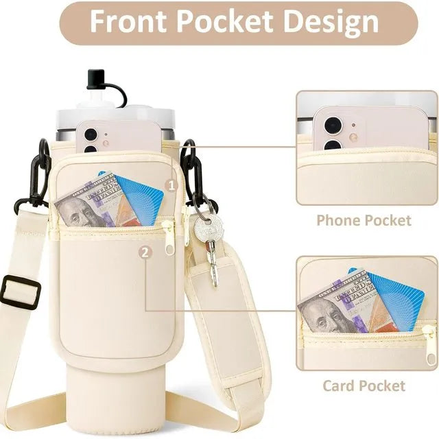 40oz Water Bottle Carrier Bag for Stanley Quencher Tumbler with Adjustable Strap & Pockets | Neoprene Sleeve Cup Holder Pouch ( Random Color )