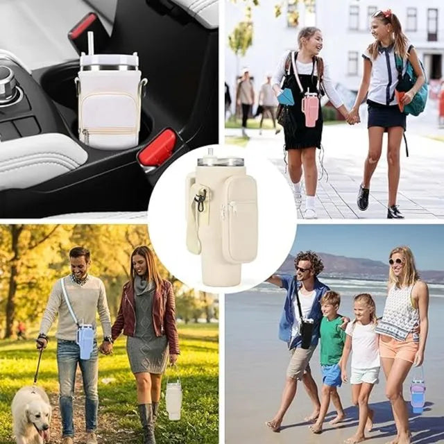 40oz Water Bottle Carrier Bag for Stanley Quencher Tumbler with Adjustable Strap & Pockets | Neoprene Sleeve Cup Holder Pouch ( Random Color )
