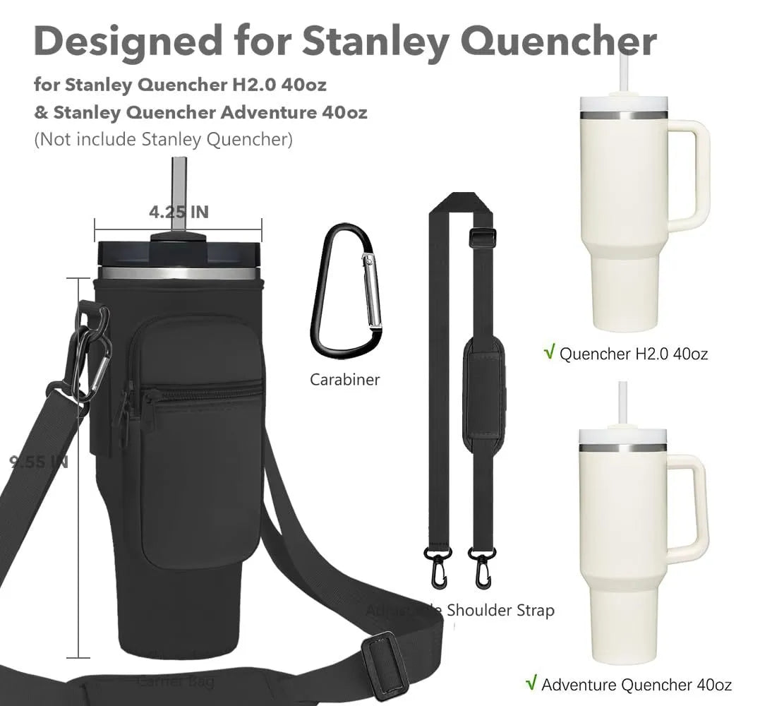Product packaging for Stanley Quencher with a black pouch, carabiner, shoulder strap, and two tumblers.