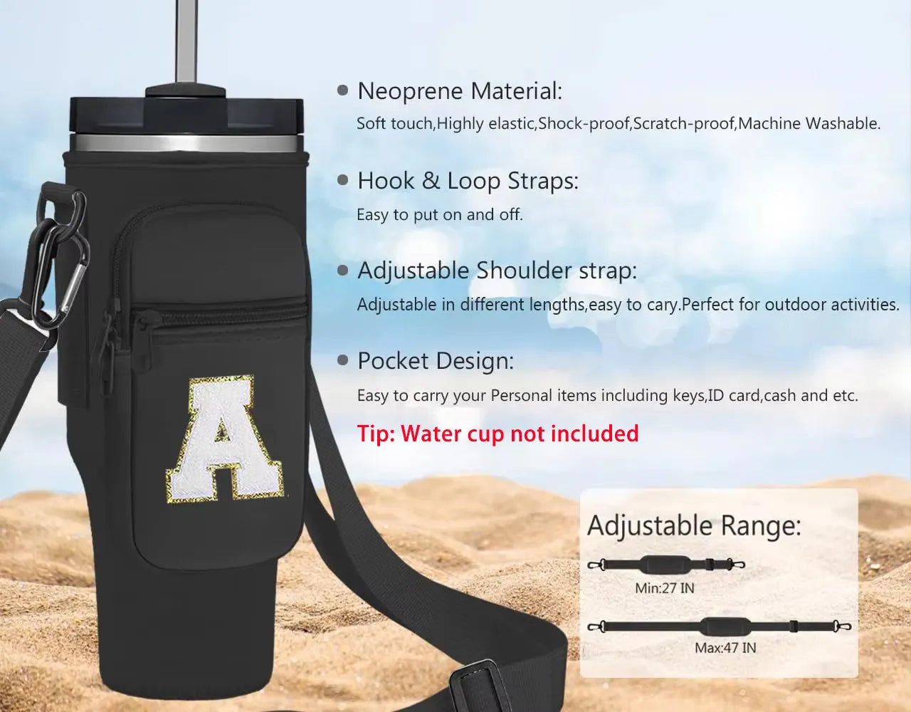 40oz Water Bottle Carrier Bag for Stanley Quencher Tumbler with Adjustable Strap & Pockets | Neoprene Sleeve Cup Holder Pouch ( Random Color )