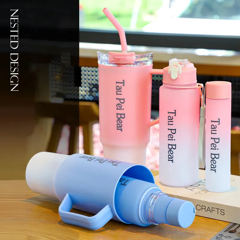 Water Bottle with Straw – 3 Pcs Gradient Tumbler Set | BPA-Free Portable Drinkware for Travel, Sports & Office