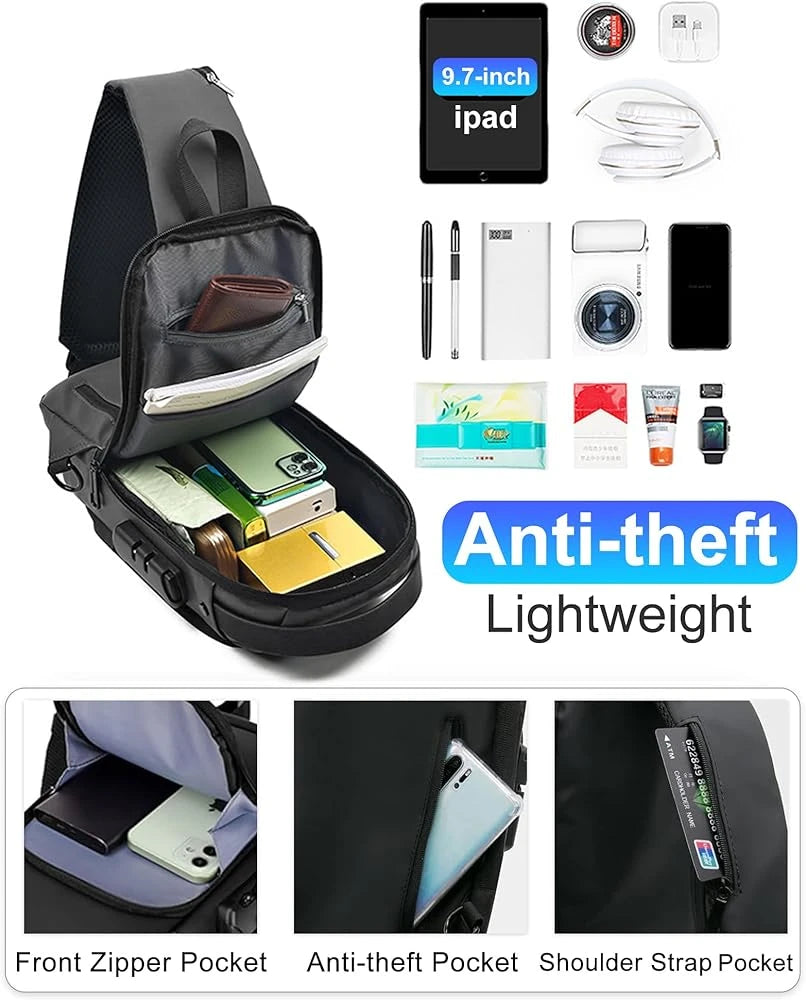 Waterproof Anti-Theft Crossbody Sling Bag with USB Charging Port | Unisex Chest Bag for Men, Women, Boys & Girls | Travel, Gym & Daily Use Stay Secure & Travel Smarter