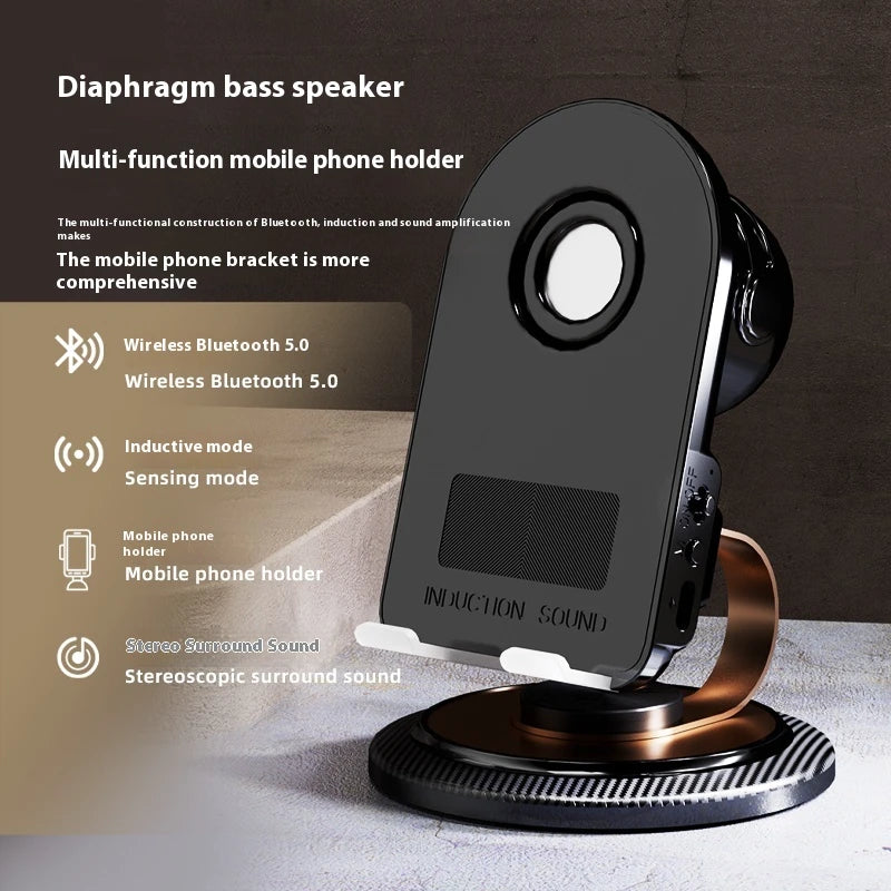 Wireless Induction Bluetooth Speaker Phone Holder with HD Surround Sound | Universal Smartphone Stand for iPhone & Android | Portable Desk Audio Amplifier