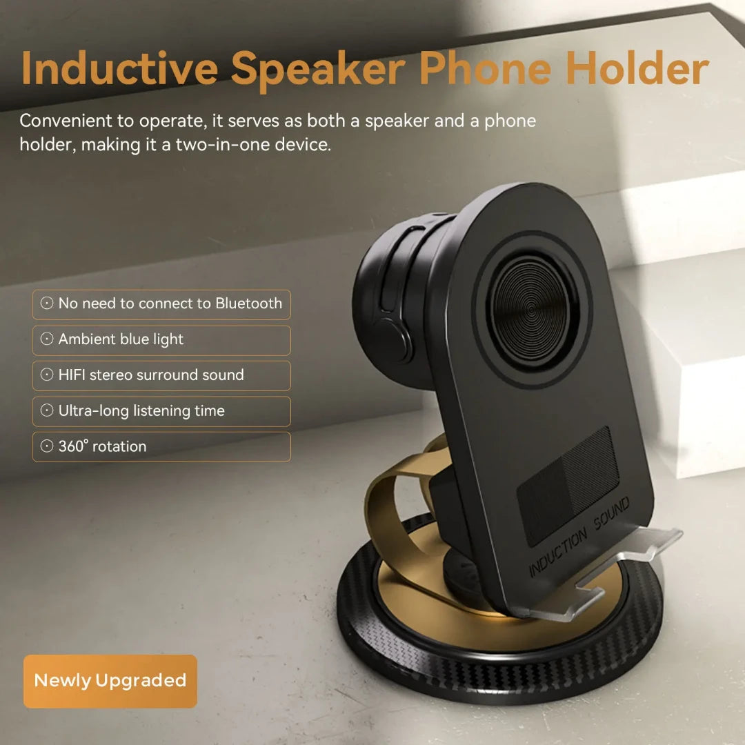 Wireless Induction Bluetooth Speaker Phone Holder with HD Surround Sound | Universal Smartphone Stand for iPhone & Android | Portable Desk Audio Amplifier