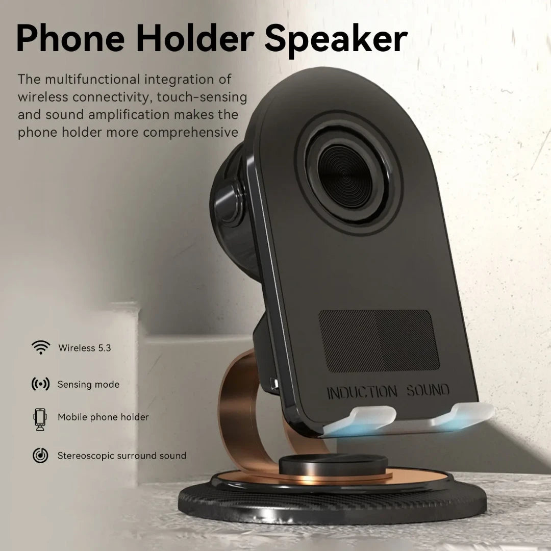 Wireless Induction Bluetooth Speaker Phone Holder with HD Surround Sound | Universal Smartphone Stand for iPhone & Android | Portable Desk Audio Amplifier
