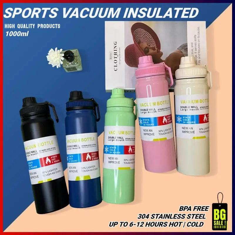1000ML Stainless Steel Vacuum Flask Thermos – Double Wall Insulated Leak-Proof Hot & Cold Water Bottle (32oz Travel Tumbler) Random Color